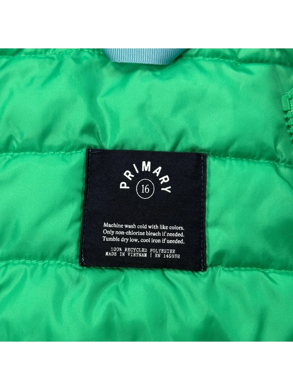Primary Puffer Jacket Green Hooded Lightweight - Kids Size 16